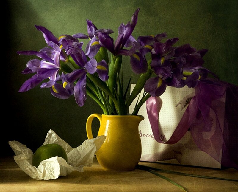Purple Irises in Yellow Pitcher — Dramatic