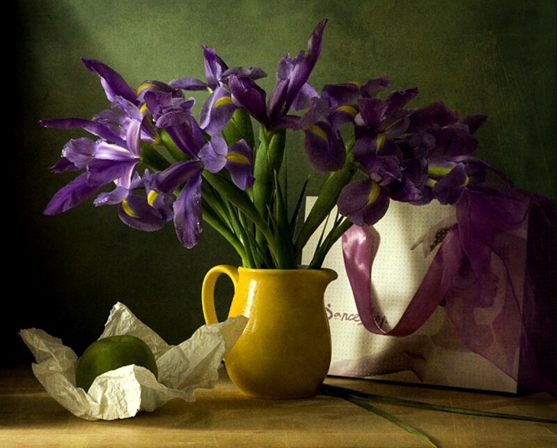 Purple Irises in Yellow Pitcher