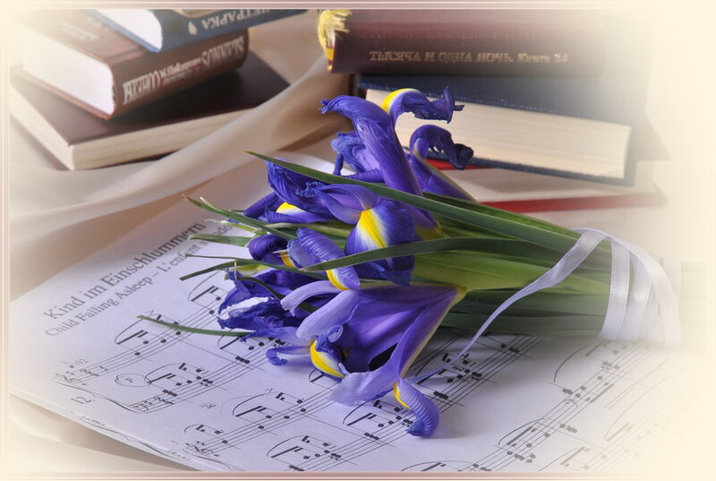 Purple Irises on Sheet Music