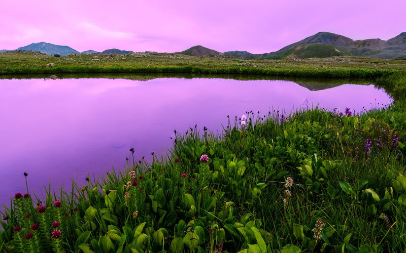 Purple lake at sunset