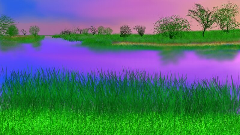 Purple Lake with Green Grass