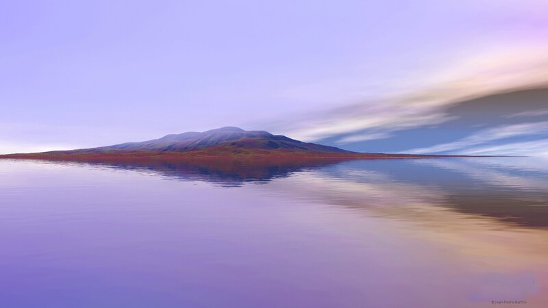 Purple lake with mountain reflection