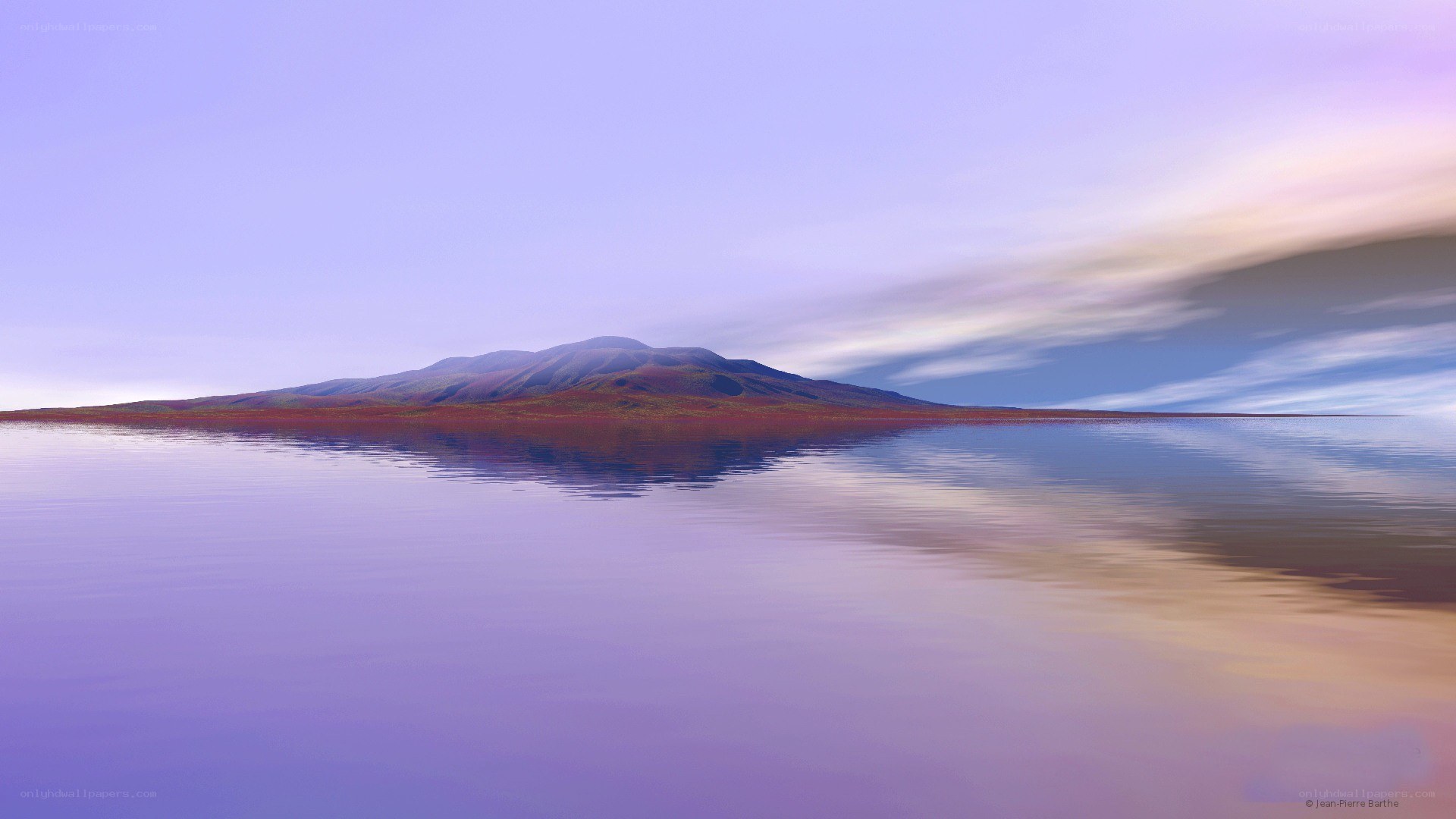 Purple lake with mountain reflection