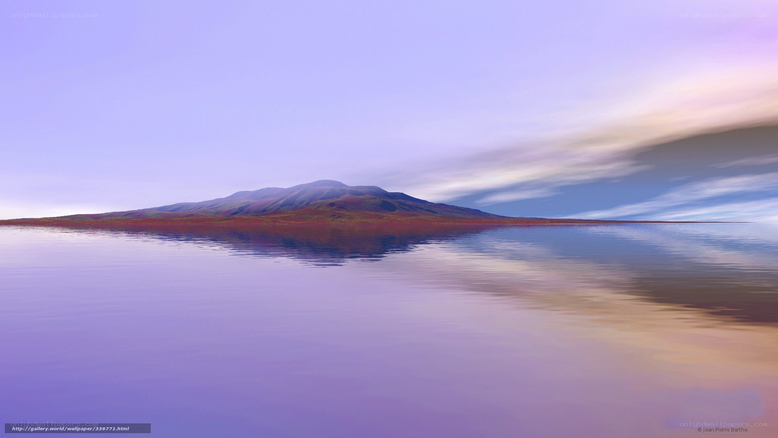 Purple lake with mountain reflection