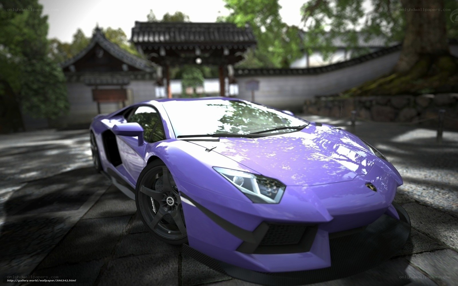 Purple Lamborghini in a temple