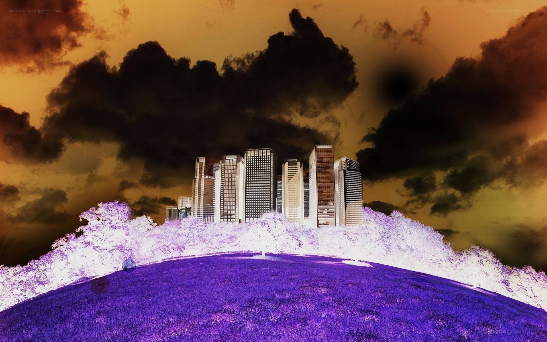 Purple landscape with city skyline