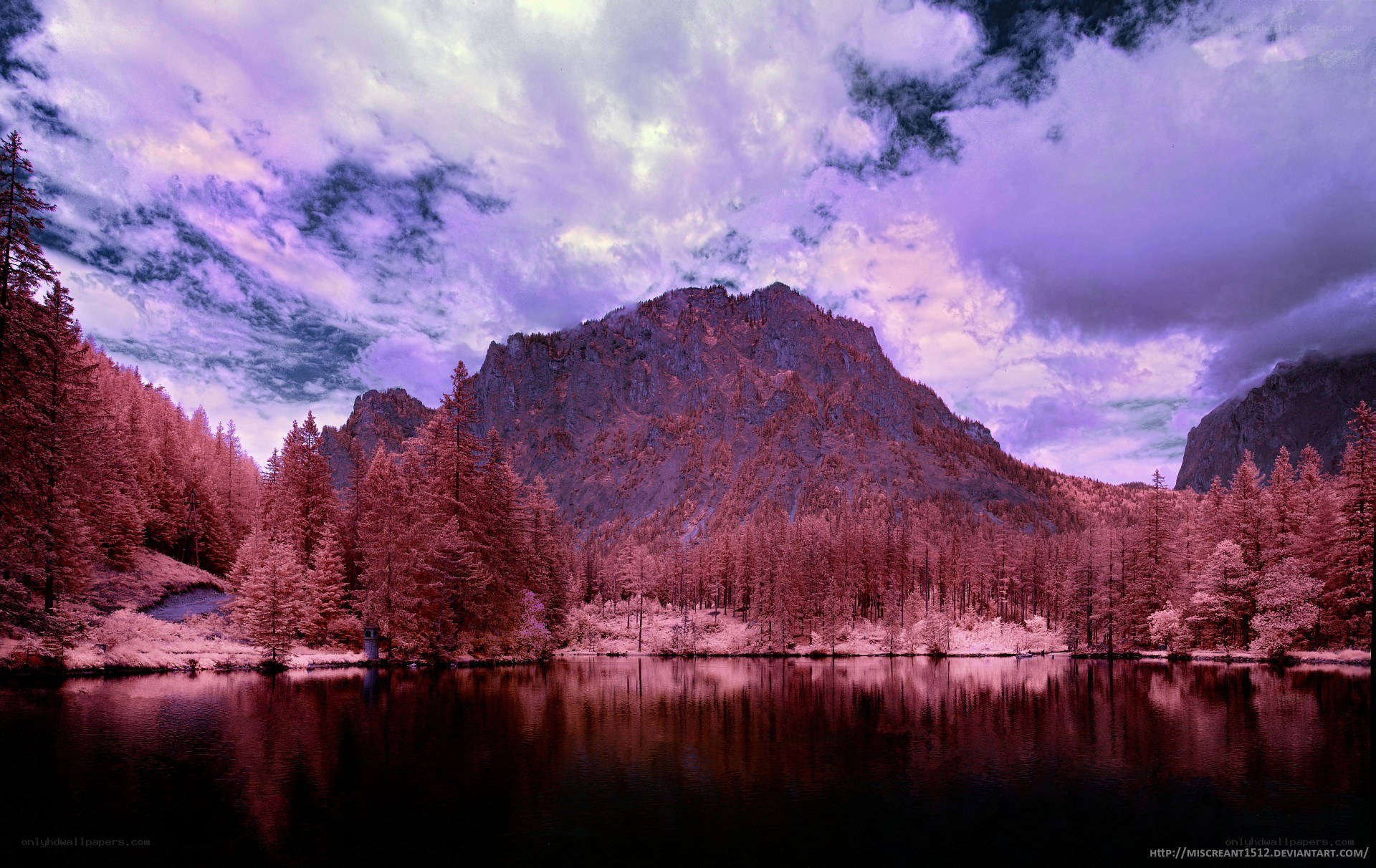 Purple landscape with lake and mountains