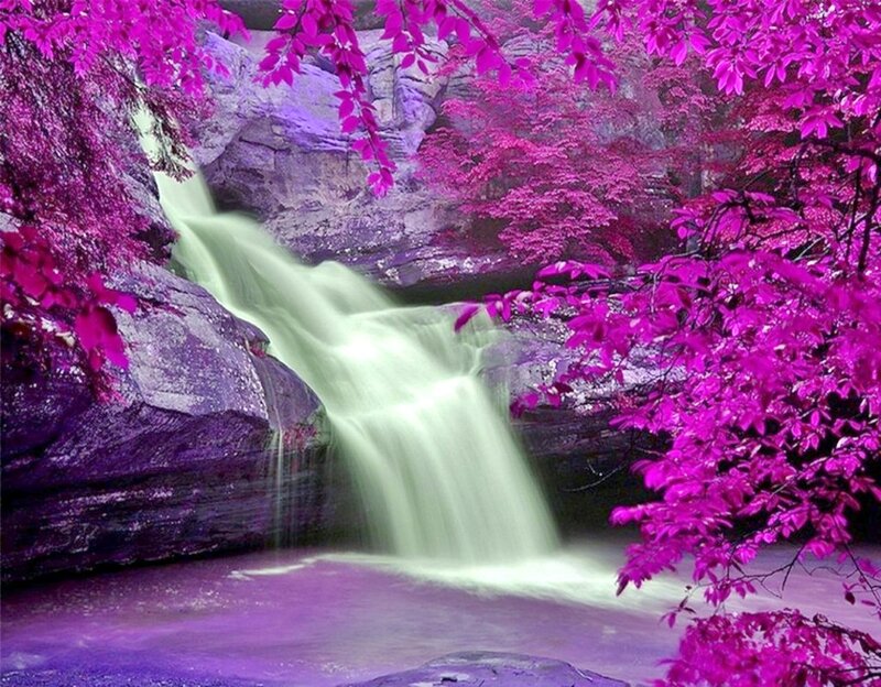 Purple-leafed Waterfall — Purple, Serene, Digital Art, Trees