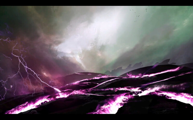 Purple lightning over alien landscape