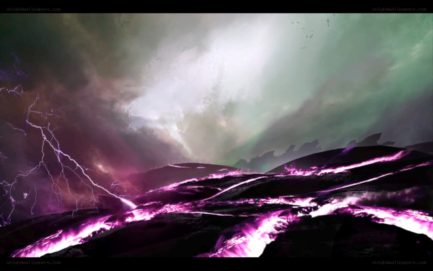 Purple lightning over alien landscape