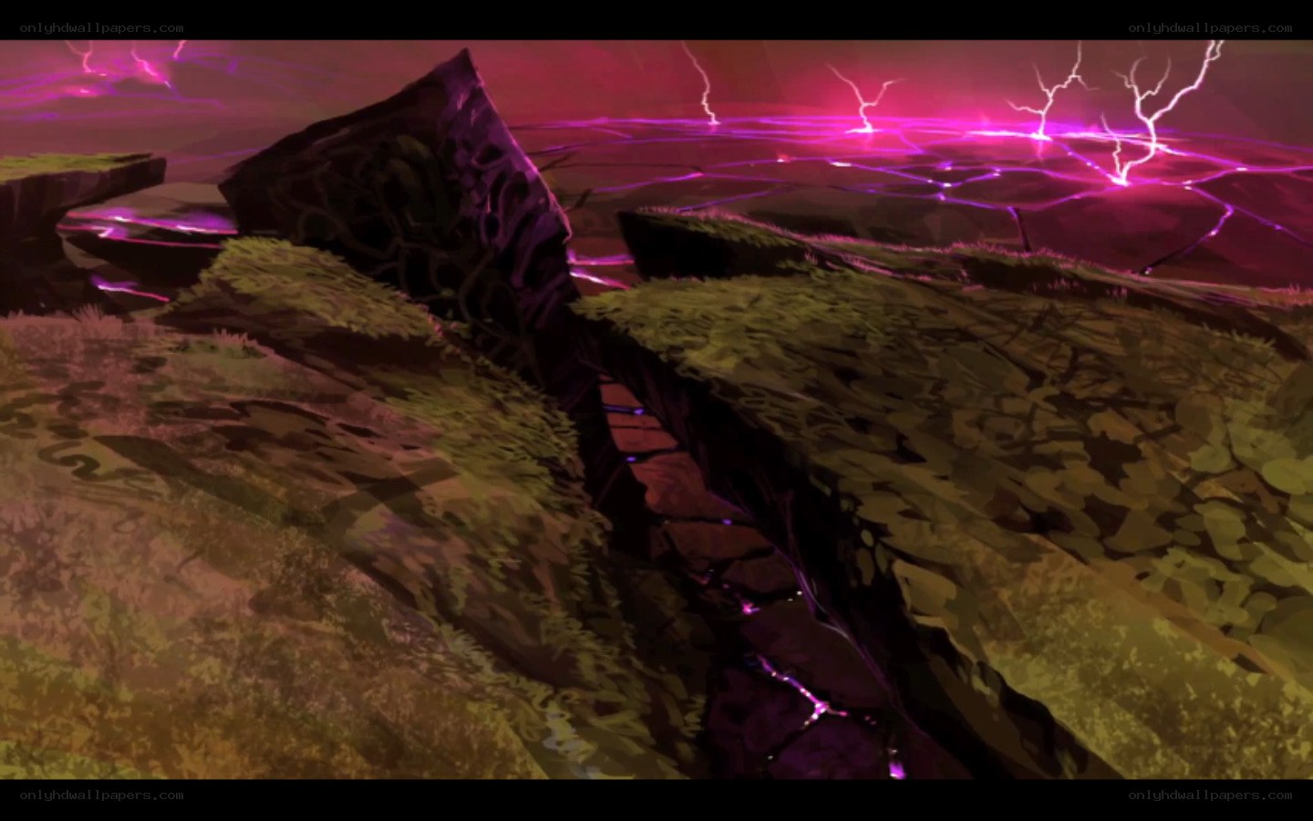 purple lightning over rocky terrain