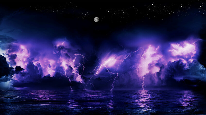 Purple Lightning Storm — Dramatic, Night, Digital Art, Clouds, Moon