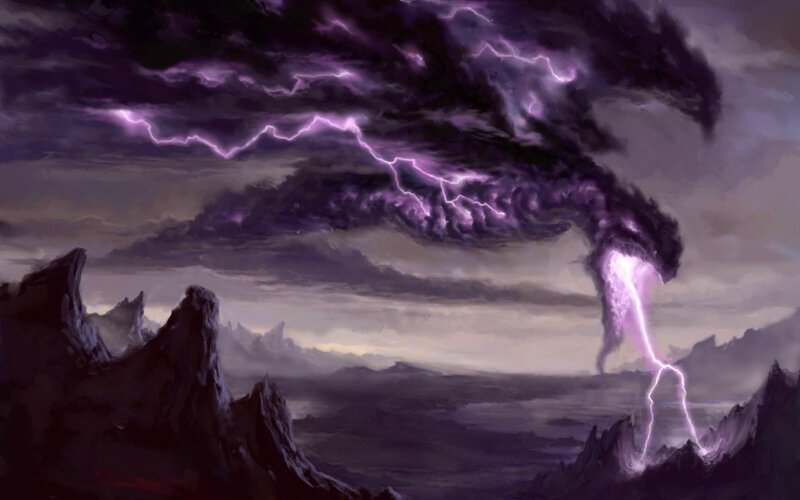 Purple Lightning Storm — Dramatic, Night, Digital Art, Mountains
