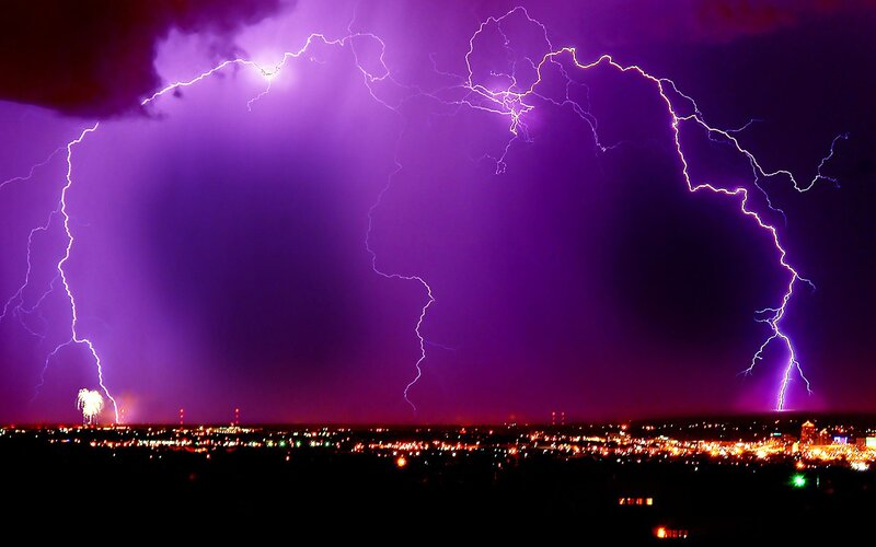 Purple Lightning Storm — Dramatic, Night, Photograph, City Lights