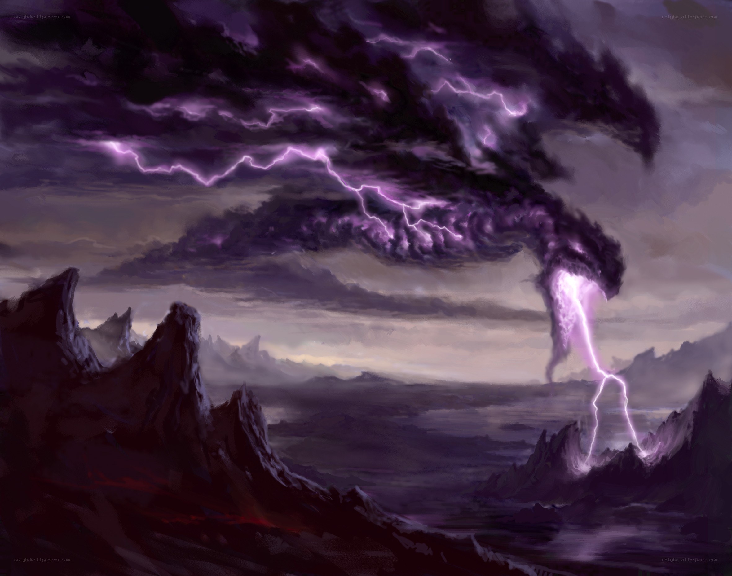 Purple lightning storm over mountains