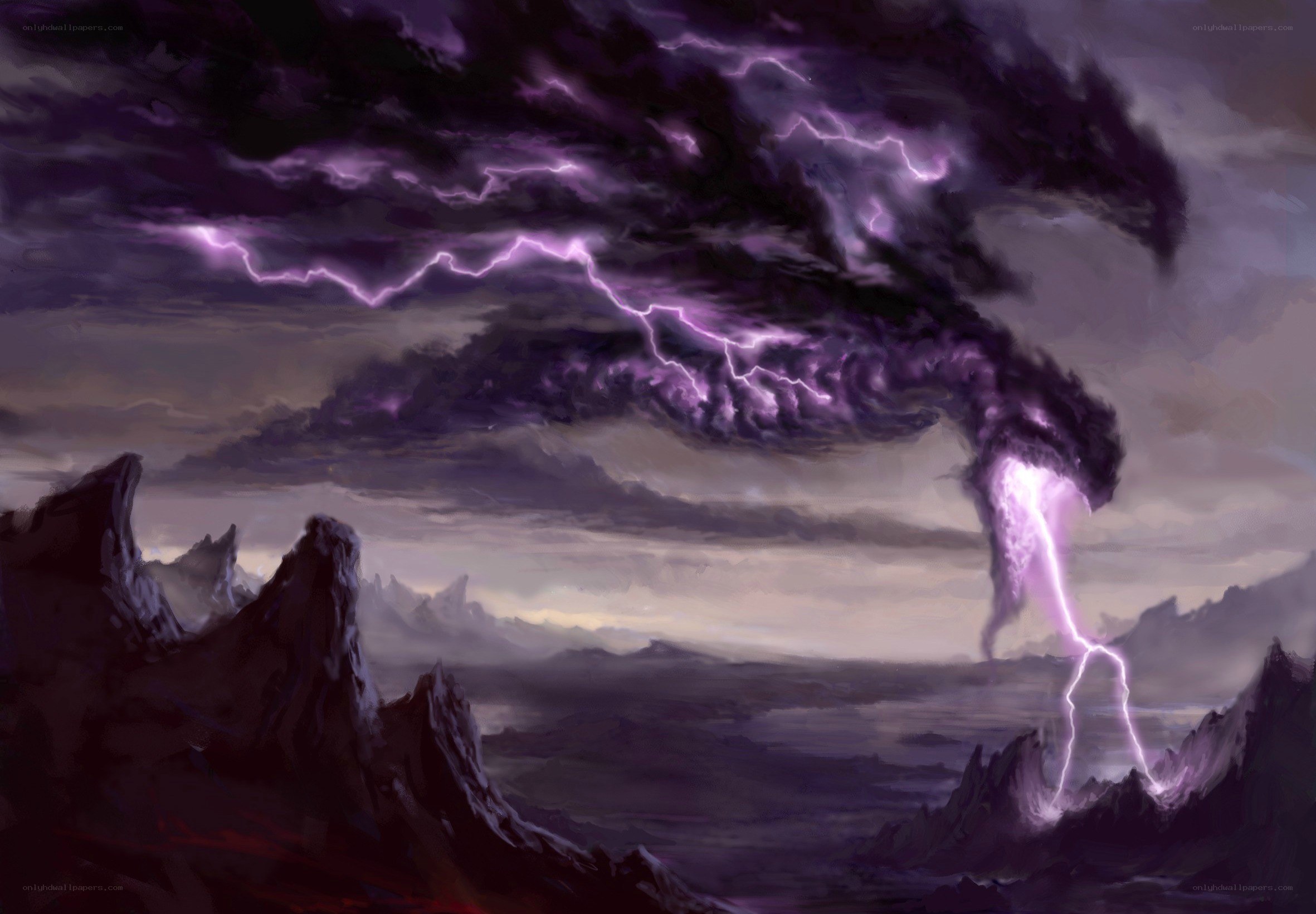 Purple lightning storm over mountains