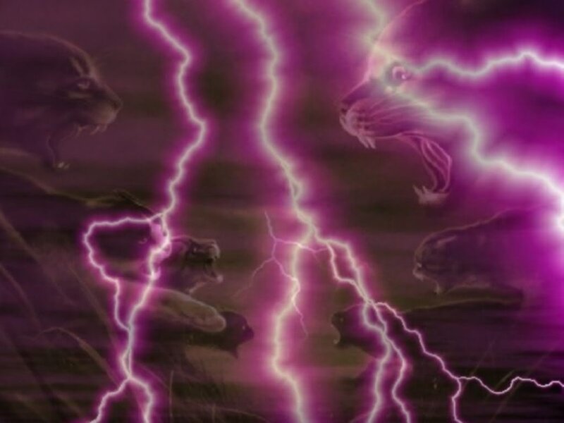 purple lightning storm with animals