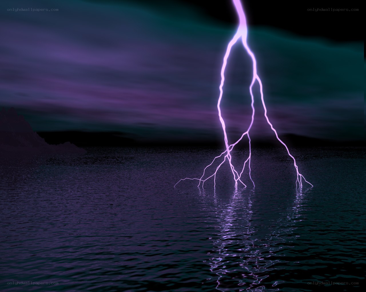 Purple lightning strikes water