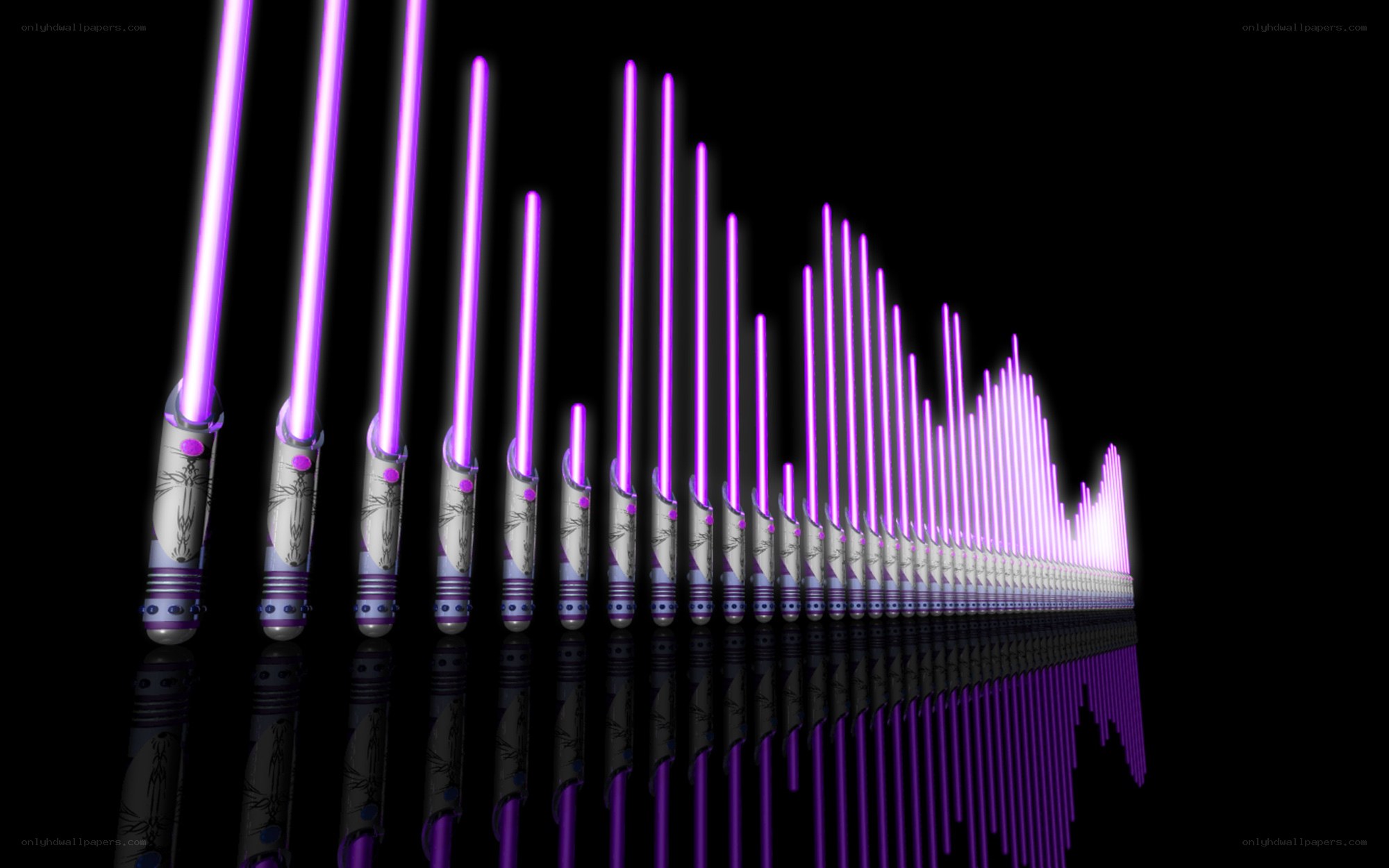 Purple lightsabers in formation