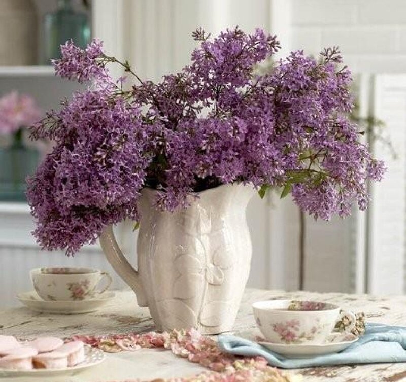 Purple Lilac Bouquet — Serene, Spring, Photograph, Teacups, Vase