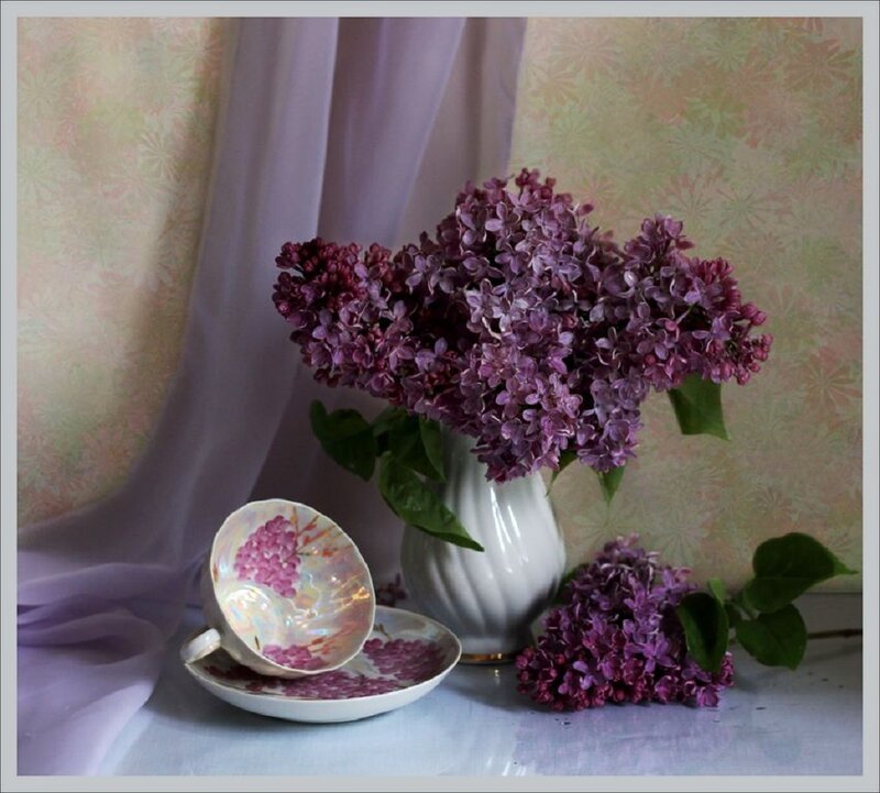 Purple Lilac Bouquet — Serene, Spring, Photograph, Vase, Teacup
