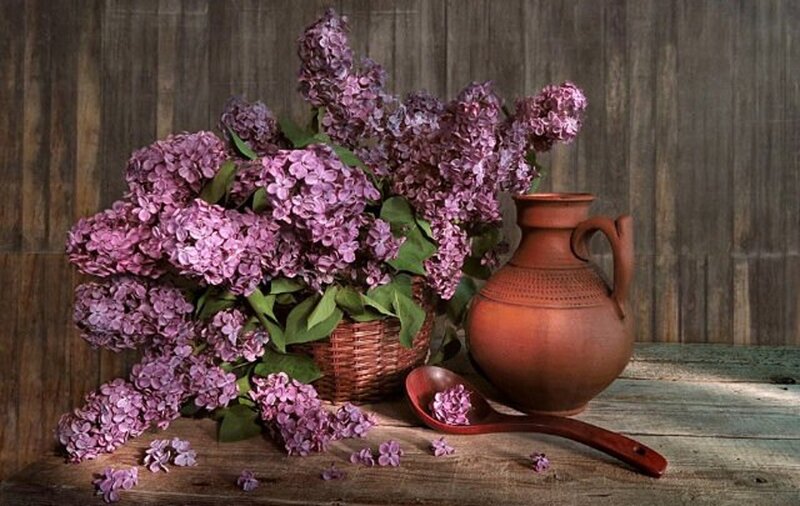 Purple Lilac Flowers — Calm, Spring, Photograph, Woven Basket