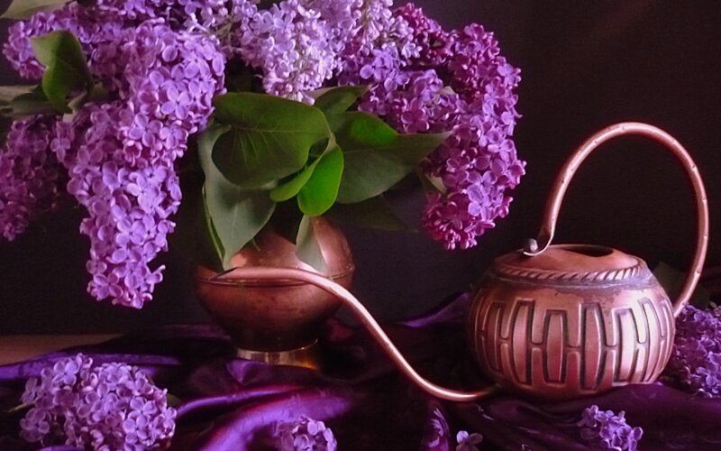 Purple Lilac Flowers — Serene, Photograph, Copper Pitcher