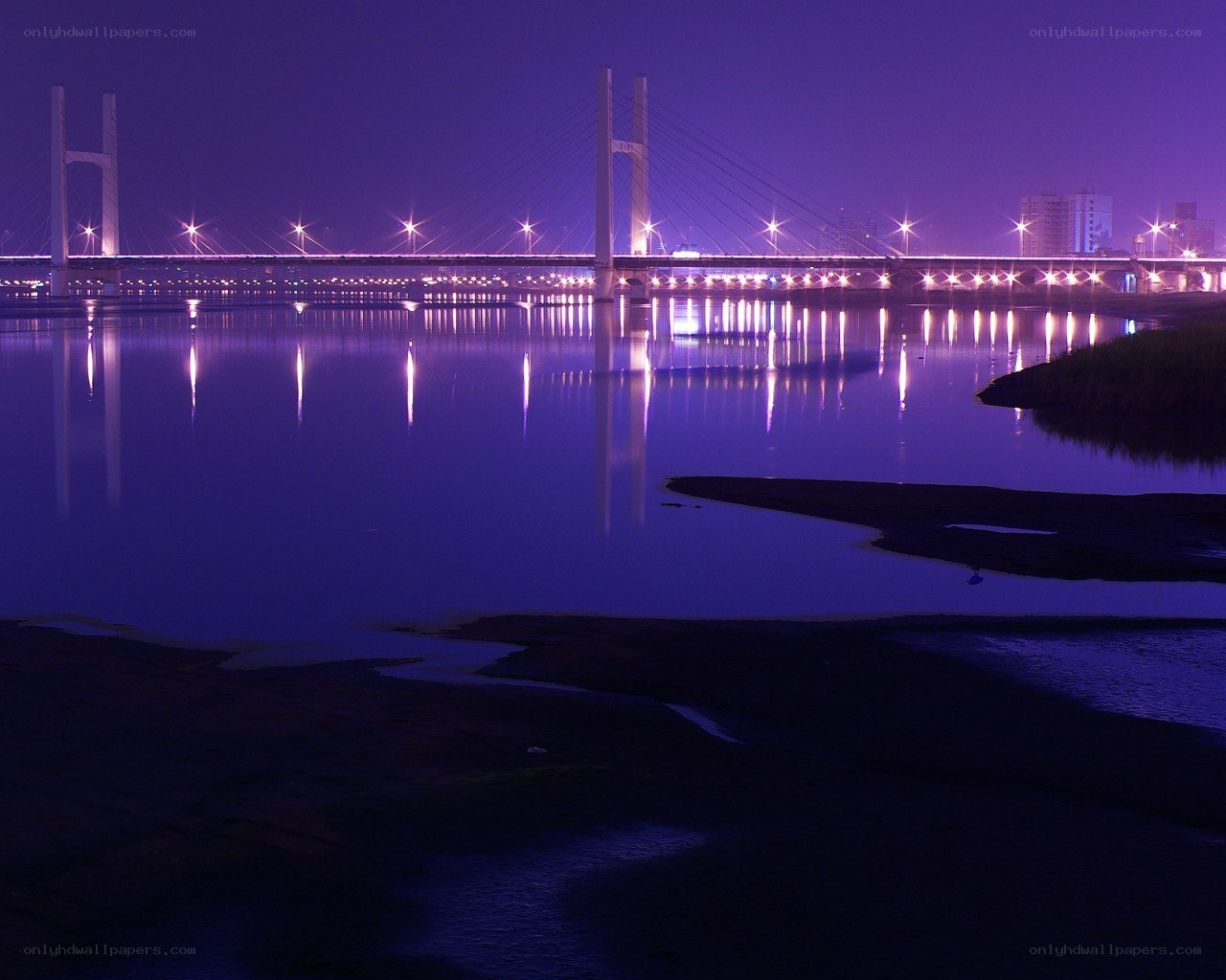 Purple-lit bridge at night