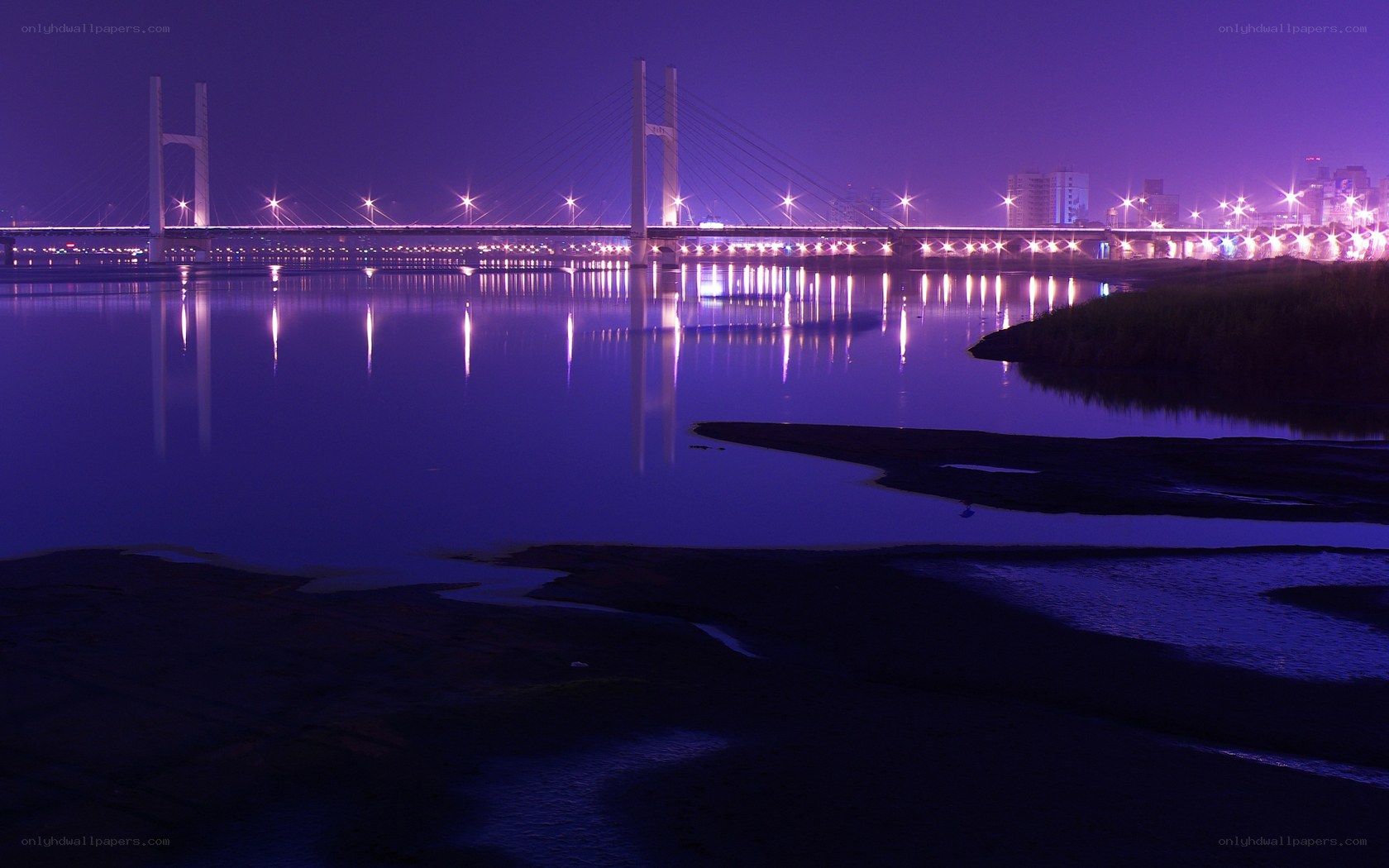 Purple-lit bridge at night