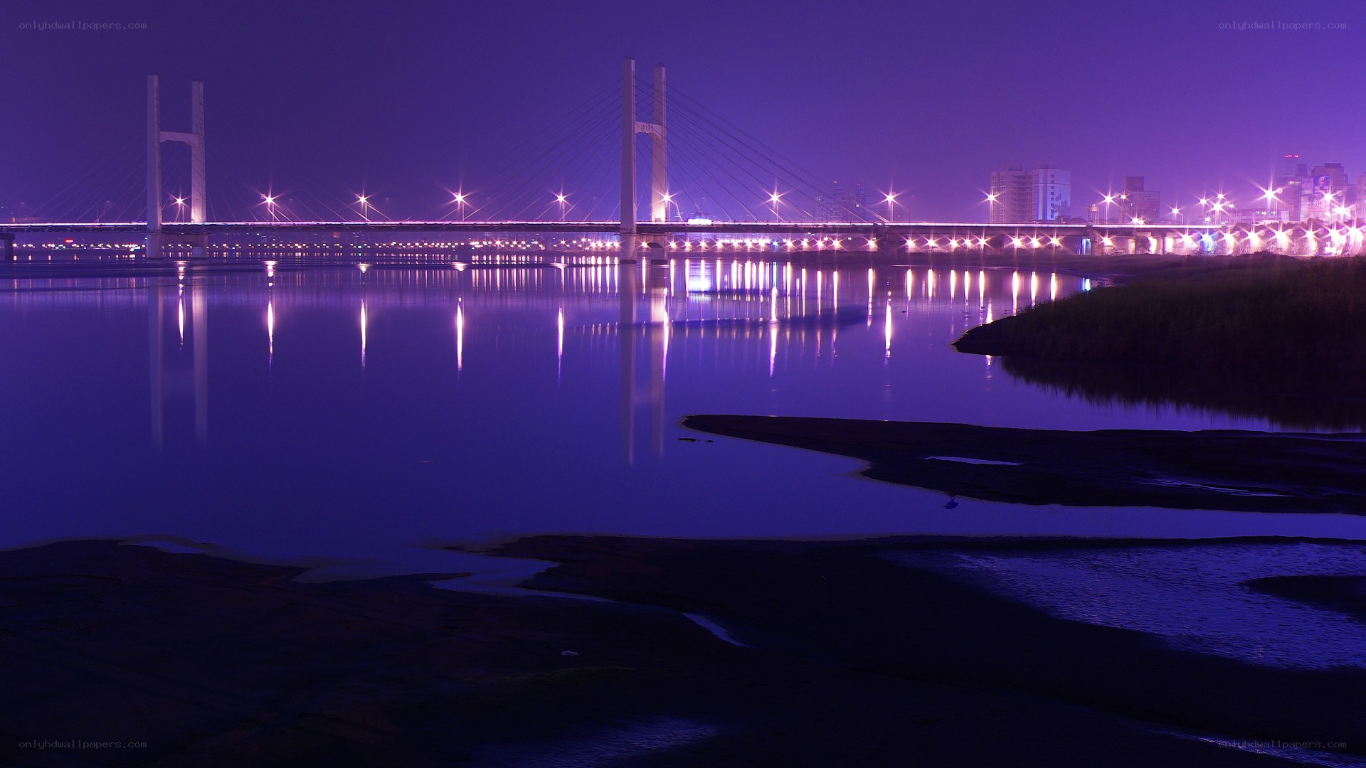Purple-lit bridge at night