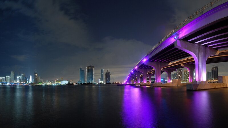 Purple-lit Bridge at Night — Purple, Dramatic, Photograph