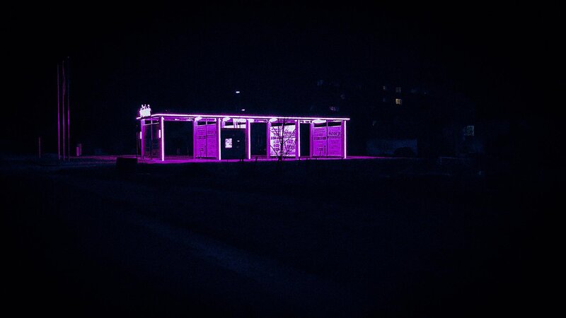 Purple-lit Bus Stop