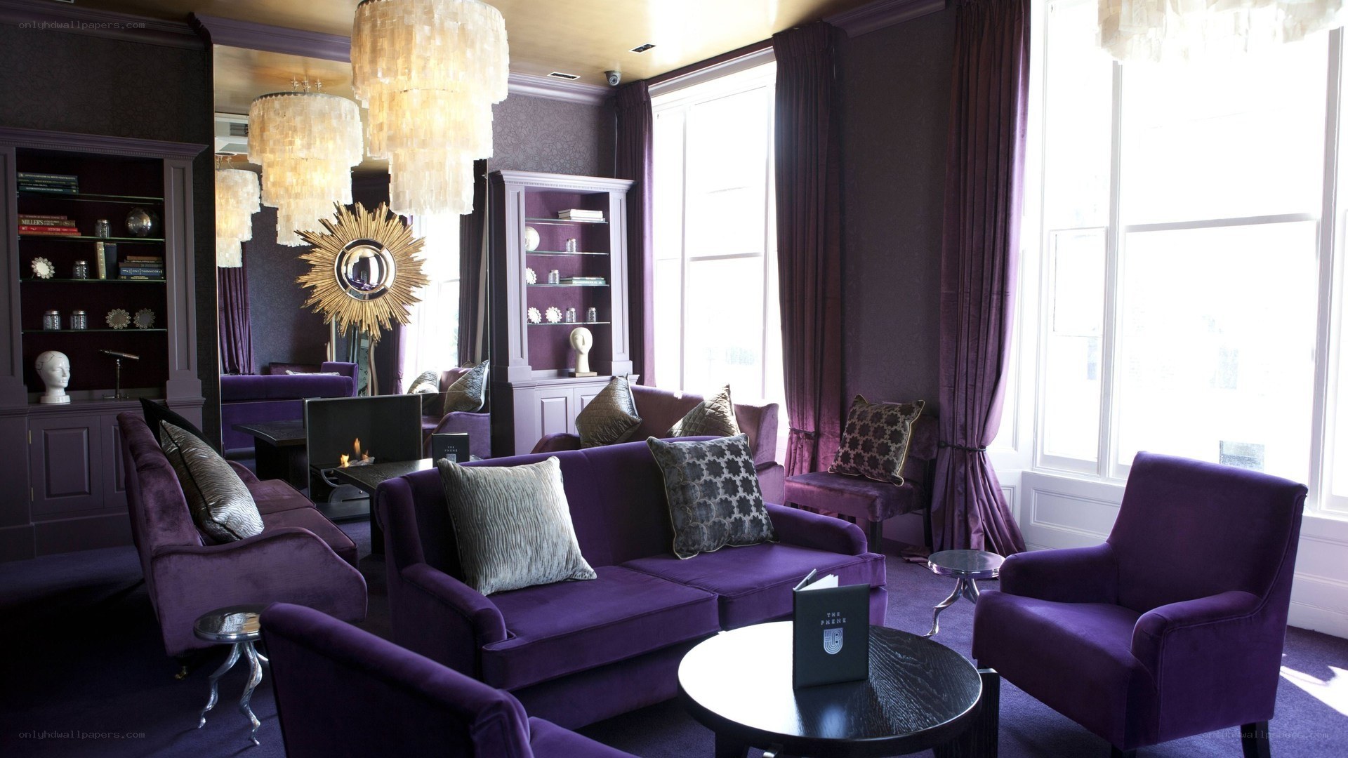 Purple lounge with chandeliers