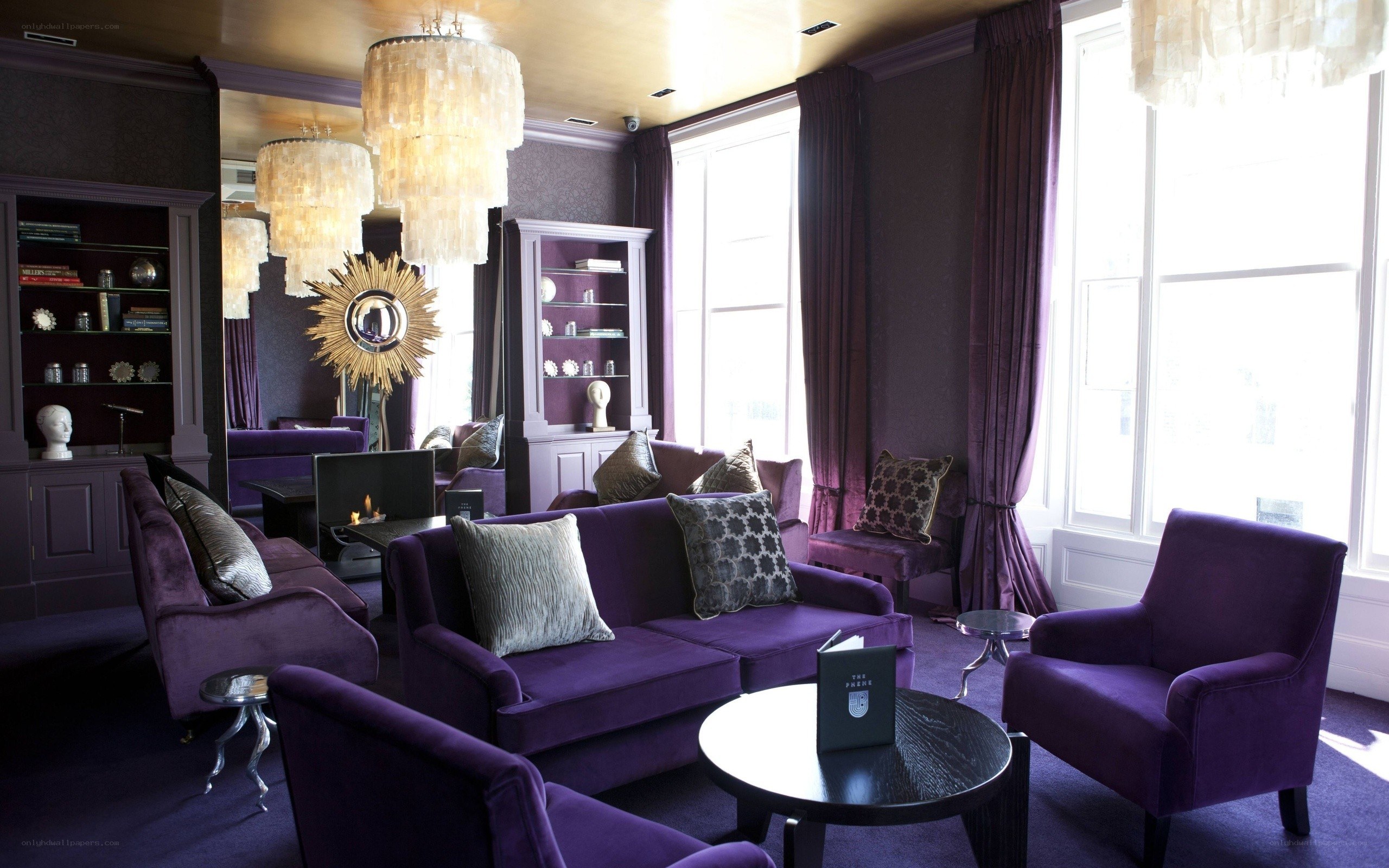purple lounge with chandeliers