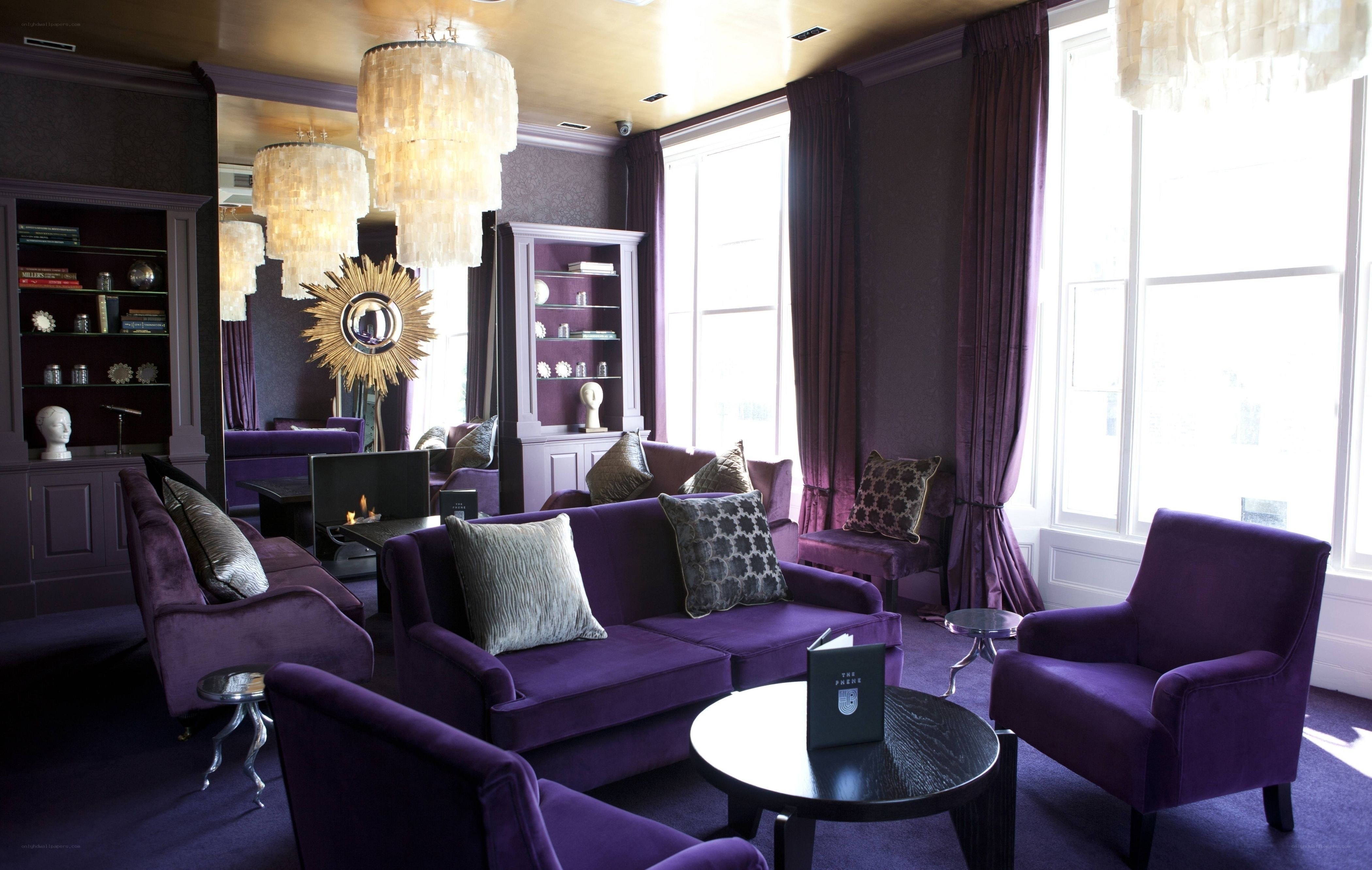 Purple lounge with chandeliers