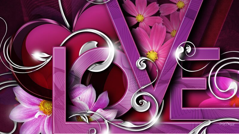 Purple Love Text with Flowers