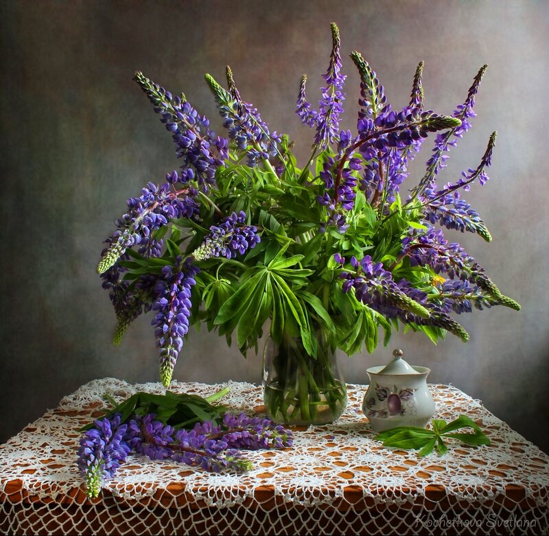 Purple Lupine Flowers — Serene, Photograph, Vase