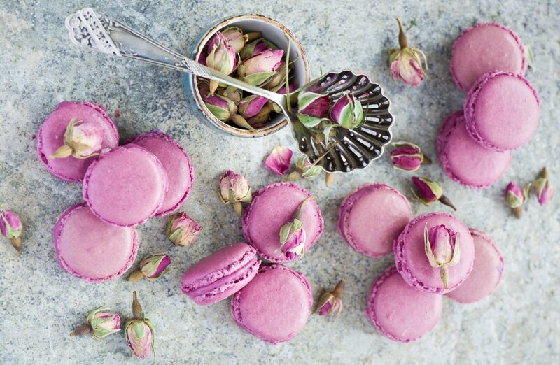 Purple Macarons with Rose Buds