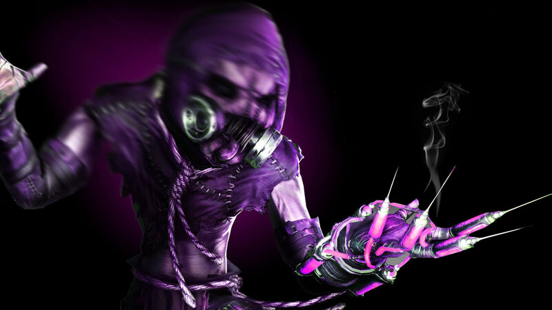 purple masked character with syringe hand