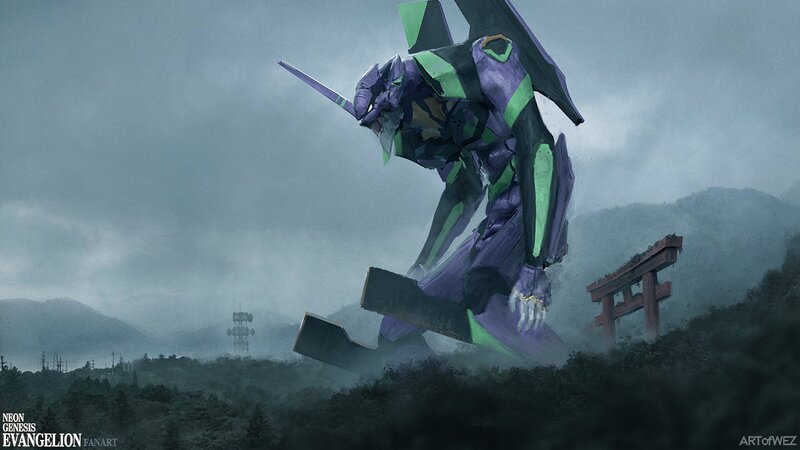 Purple Mecha Robot — Dramatic, Digital Art, Mountain, Torii Gate