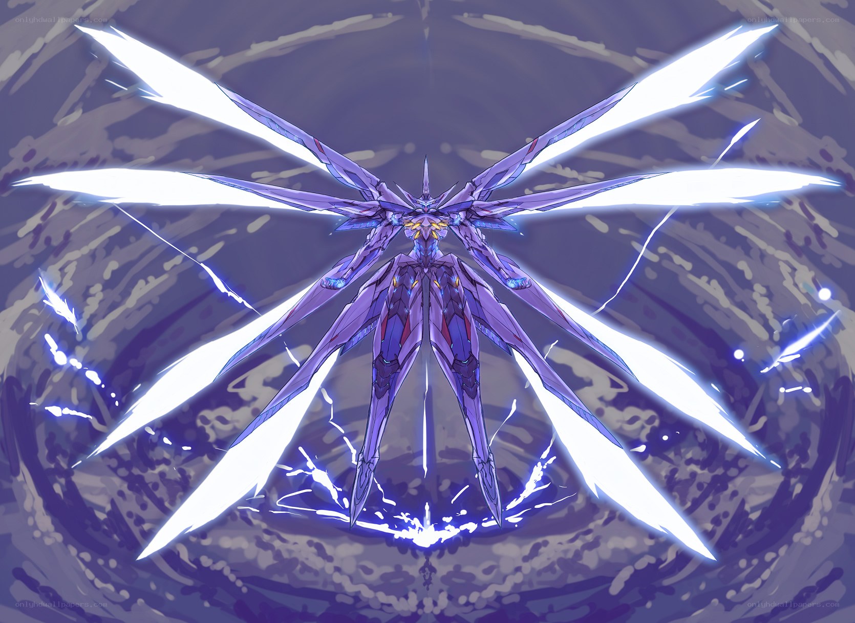 purple mecha with energy blades