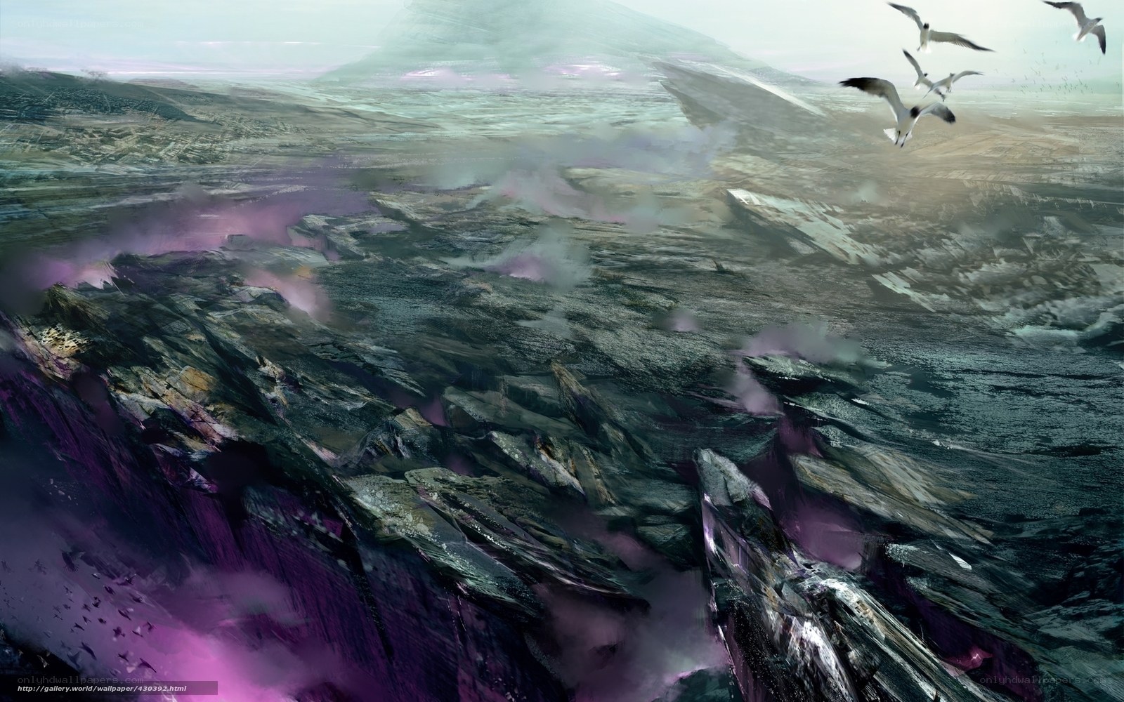 Purple Mist Over Rocky Cliffs