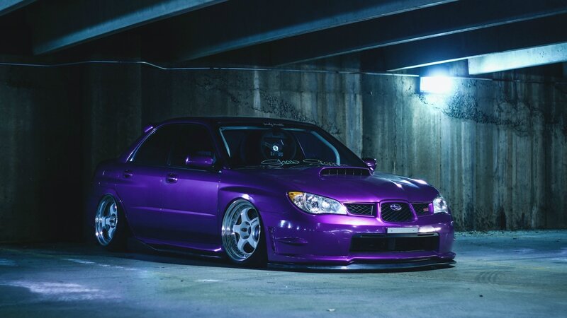 Purple Modified Car — Dramatic, Night, Photograph, Concrete Wall, Underpass