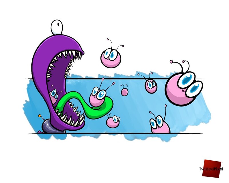 Purple monster eating pink creatures