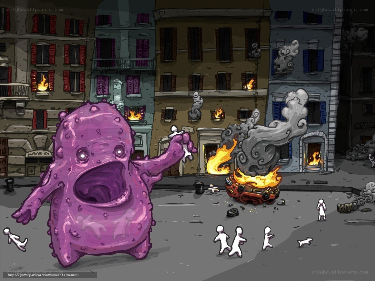 Purple monster in burning city