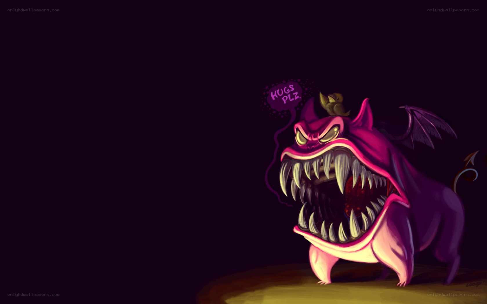 purple monster with hug request