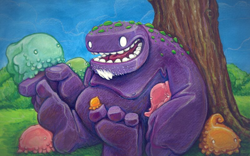 purple monster with small creatures