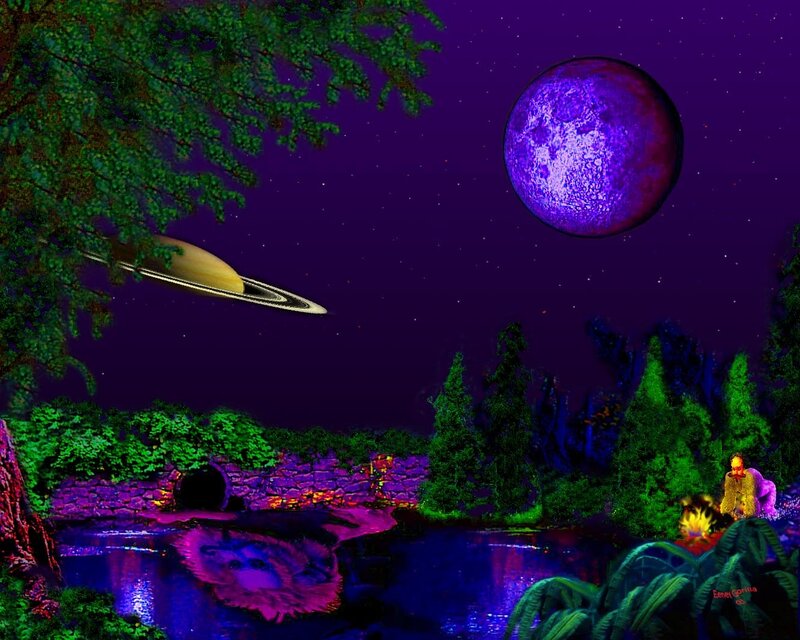 Purple moon over forest lake