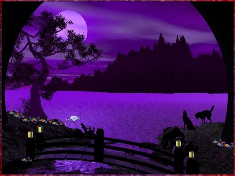 Purple moon over lake scene