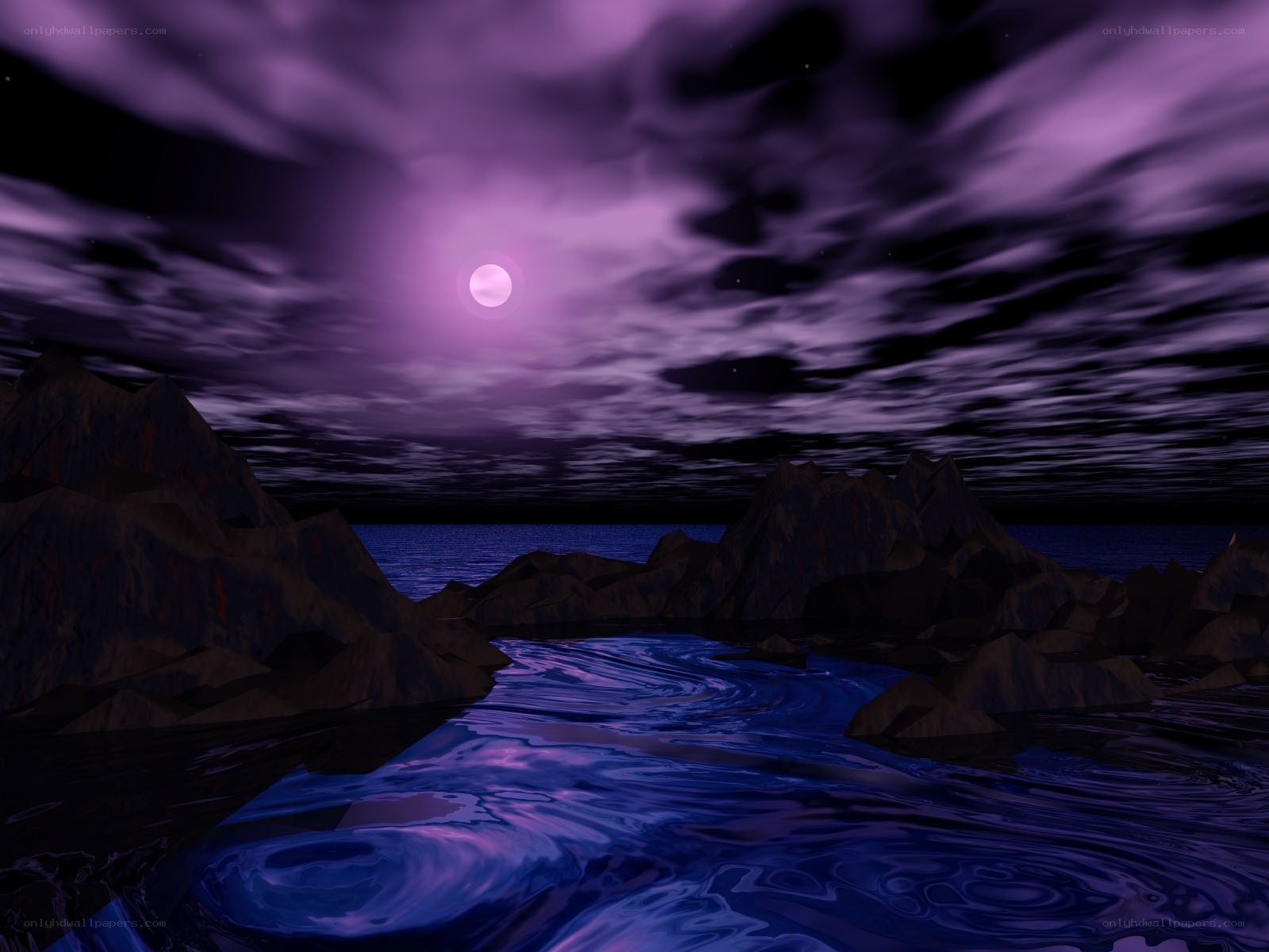 Purple moon over rocky coast